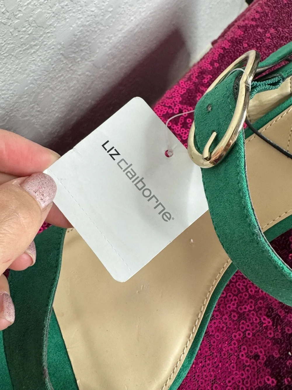 NEW w TAGS 🏷️ LIZ CLAIBORNE Green Suede Block Heel Sandals, Gold (Women’s 11)